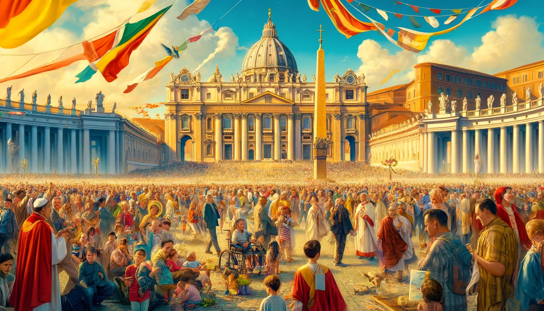 Giubileo 2025 Roma: immagine AI che rappresenta Piazza San Pietro a Roma completamente piena di pellegrini in visita per il Giubileo.