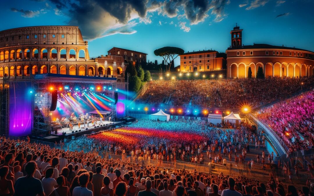 Immagine che rappresenta un concerto a Roma nel mese di luglio 2024, nello sfondo si vede il Colosseo.